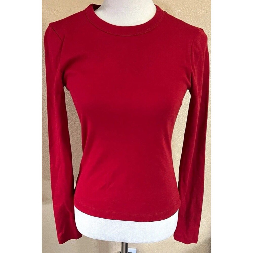 Madewell Women's Red Long Sleeve Crew Neck Slim Knit Cotton Tee Sz S MWV276